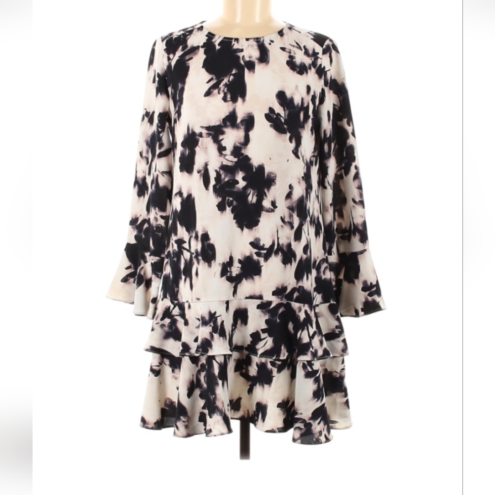 Bar III Black and Cream Ruffled Off-the-Shoulder Dress